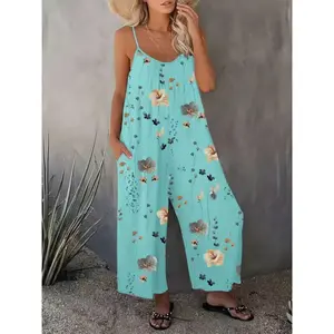 Women’s floral print pocket cami jumpsuit, boho casual jumpsuit for beach holiday vacations, ladies’ clothing for all seasons, womenswearGARMENTARY
