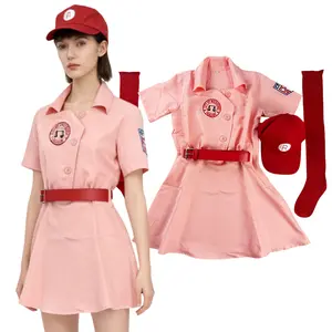 Lady Dottie Hinson Polo Collar Dress Cityof Rockford Peaches A League of Their Own Movie AAGPBL Beauty Team Baseball Dress Cheerleading Team Sportswear Set Pink Three-Piece with Cap Socks Belt Halloween Costume Cosplay Christmas Gift Clothes Athletic