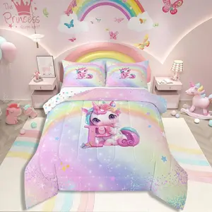 Pink Unicorn Bedding Set,Colorful Rainbow Galaxy Comforter,Ultra Soft Star Bed Sets