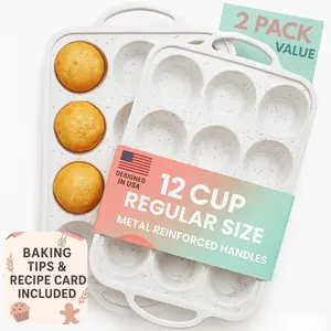 2 Pack Regular Muffin Pan - 12 Cup Silicone Muffin Pan for Baking with Metal Reinforced Frame - Regular Size Cupcake Pan, BPA Free Silicone Muffin Tray - Oven & Dishwasher Safe