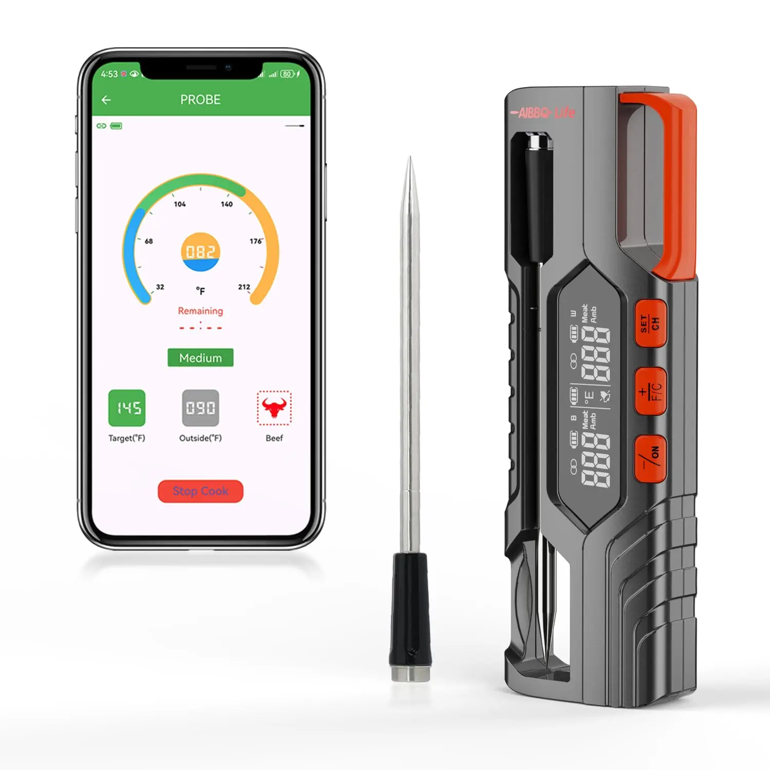 Bluetooth Smart Wireless Meat Thermometer, IP69-rated waterproof, maximum temperature 1100°F, kitchen appliance, EasySmart app, IP69-rated waterproof (single probe Q2), suitable for grilling, smoking, and various other cooking scenarios