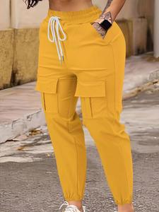 【 plus size】 solid drawstring waist cargo trouser, casual basic pocket high waist jogger pants for daily wear, women's bottoms for all seasons, womenswear, cargo joggers, leg joggers, casual fashion pants