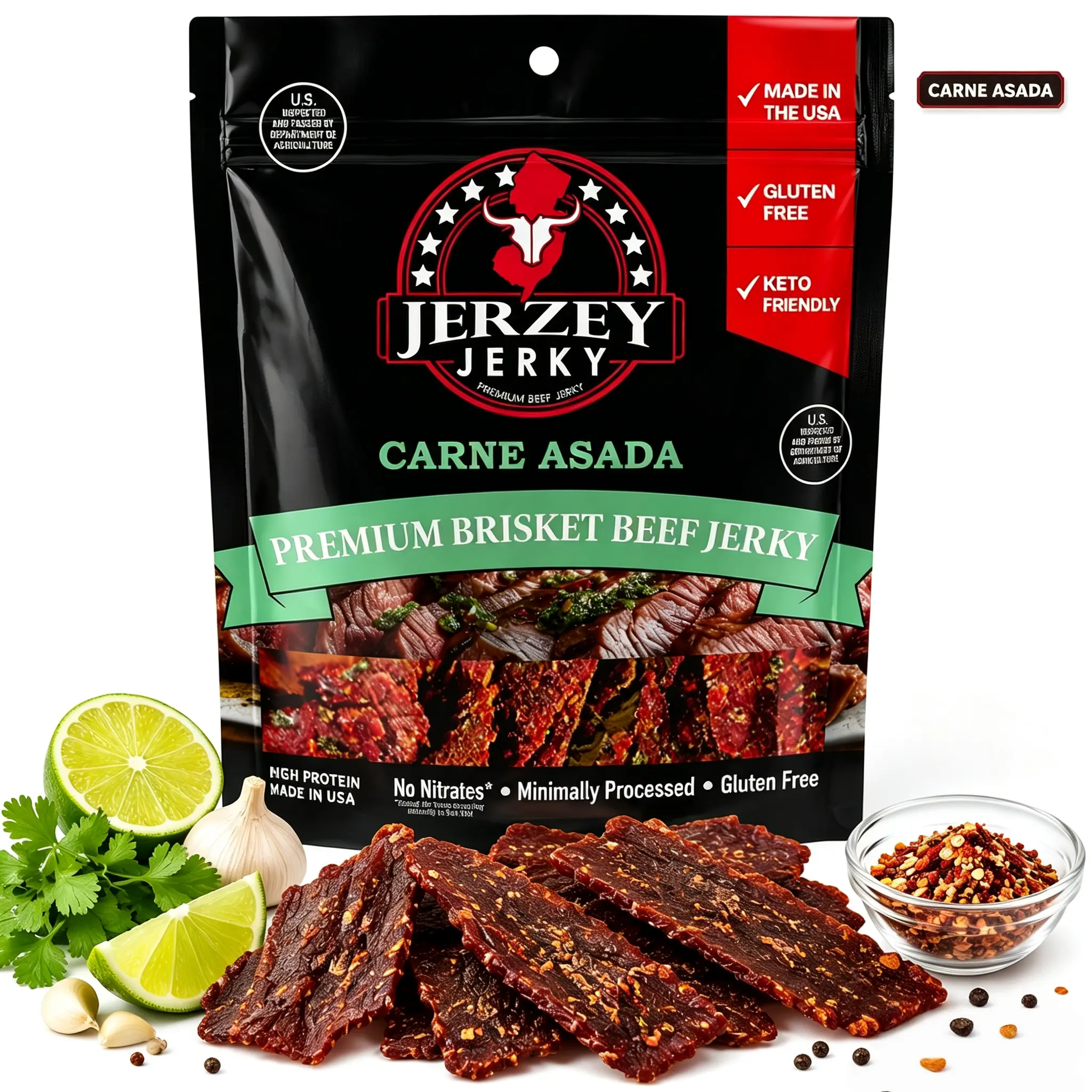 Smoky Carne Asada Brisket Beef Jerky | Grilled Steak Savory Flavor | Gluten Free High Protein Snack 2.5oz, Made in USA