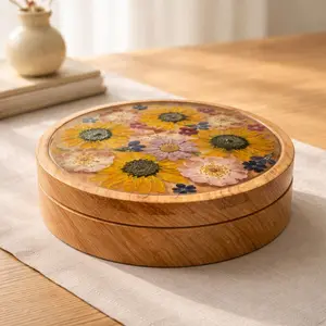 Figured Maple Floral Keepsake Box with Lid, pressed flowers in epoxy inlay, hand turned wood, jewelry storage, 7.75 x 2 in, one of a kind