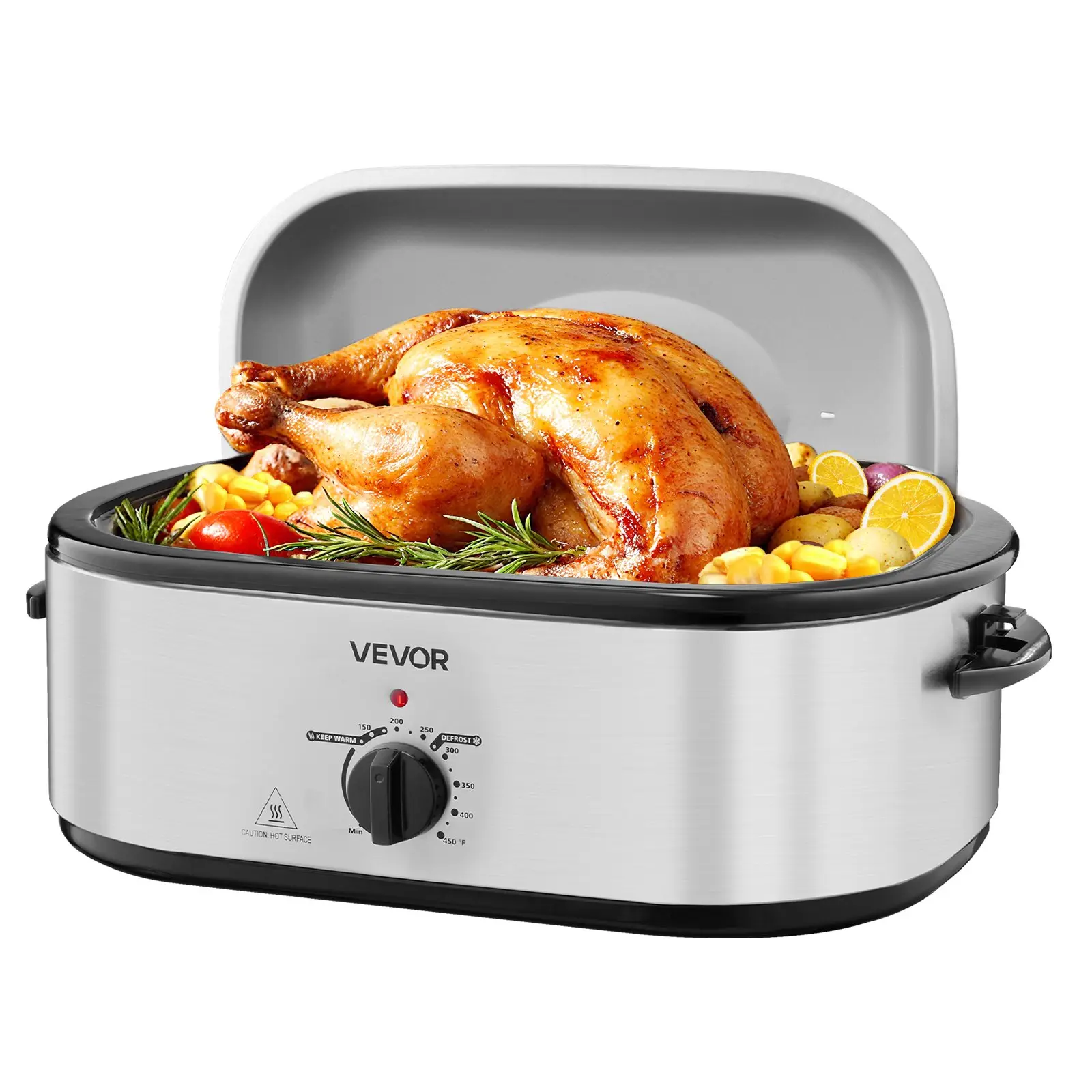 VEVOR 22QT Electric Roaster Oven, 1450W Roasting Pan with 150-450 ℉ Adjustable Temp, Self-Basting Lid w/Cool-Touch Handle, Even Heat Distribution, Defrost & Warm Functions, 23.31x15.67x12.80 Inch, Fits 26lb Turkey for Thanksgiving Holiday Meal