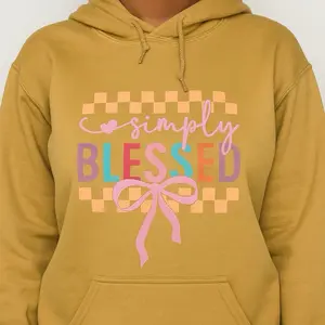 Simply Bleesed Hoodie - Mustard Yellow with Colorful 'Simply Blessed' Design & Bow Detail