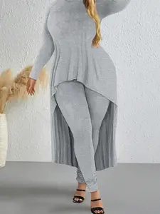 Plus Size Solid Color Two-Piece Set Round Neck Long Sleeve Top with High-Low Hem Slim-Fit Pants Women's Clothing Suits Womenswear Basic Casual Grey Minimalist Elegant Everyday tracksuits