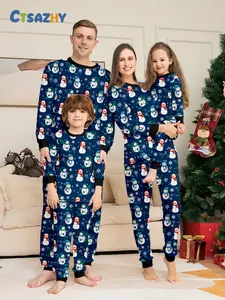 Christmas Family Pajama Set, Deep Blue Snowman Design, Soft Kint Fabric, Fitted Style, Perfect for Home Festivities and Holiday Photos