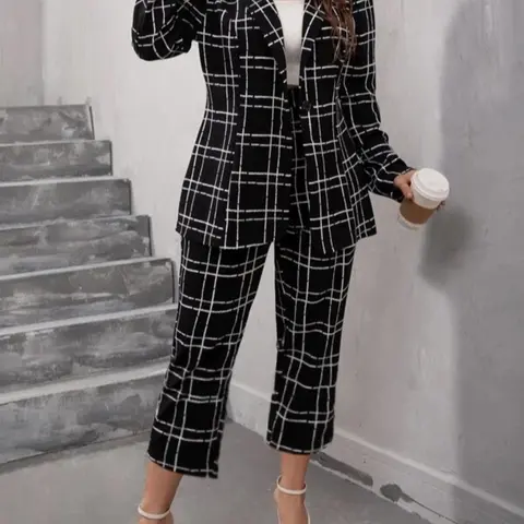 【Plus Size】 Two-piece Set Plaid Print Button Front Blazer & Pants Set, Work Office Suit, Casual Long Sleeve Outerwear & Trousers for Work Office Business, Women's Business Attire Clothes for Spring & Fall