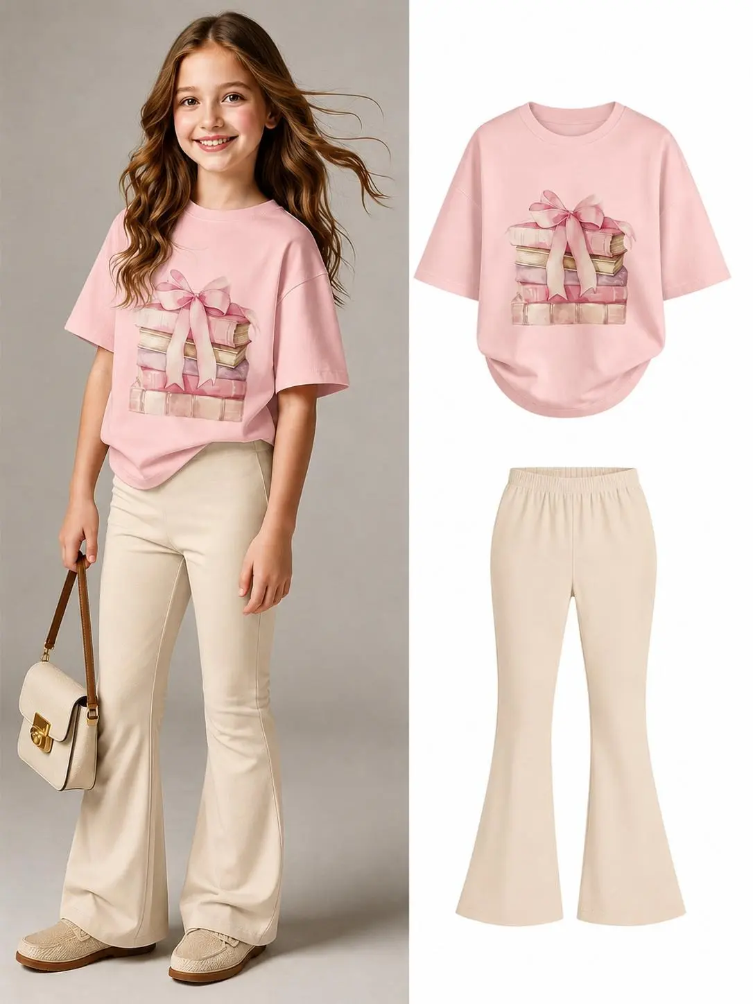 Girls' 2-Piece Back-to-School Outfit Set - Medium Length Polyester Blend Bow-Print Tee & Flared Pants, Soft Aesthetic Summer Casual Shirts for Girls & Back to School Clothes (Ages 4-16)
