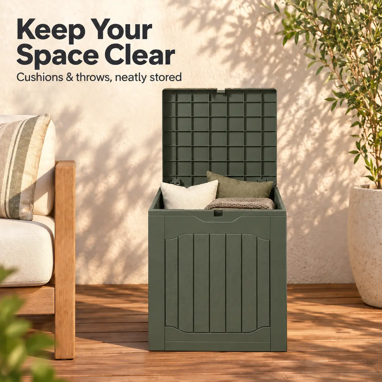 Greenvelly 35 Gallon Garden Storage Box for Tools and Supplies, Resin Outdoor Patio Deck Container with Handles and Lockable Lid