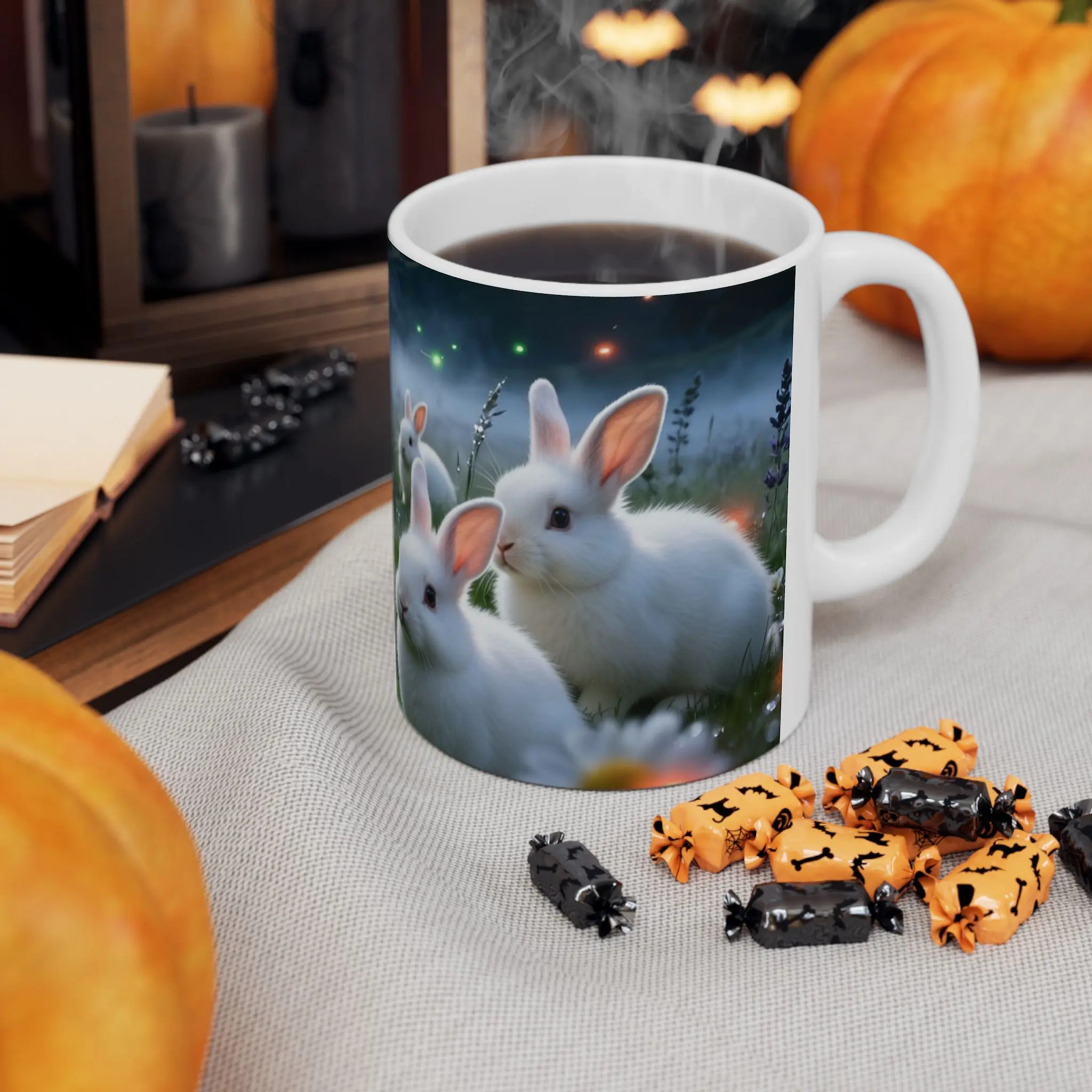 White Bunnies in Moonlit Meadow Mug | Ceramic Coffee Tea Cup