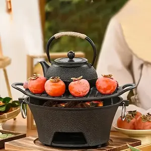 Round Outdoor Cast Iron Durable Portable Grill Charcoal BBQ Pizza Grill with Mesh Tray for Tea Cooking Non Ignitable for Camping