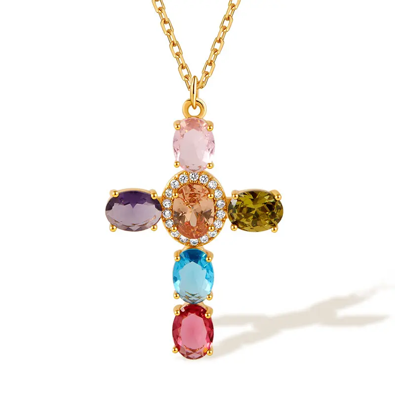 TEWIKY 14K Gold Plated Rainbow Cross Pendant Necklace, Multicolor Cubic Zirconia Dainty Faith Cross Jewelry, Vintage Y2K Gothic Accessory Gift For Women Daily Church Festival Outfits