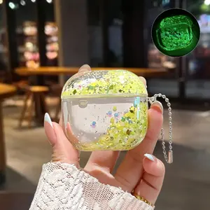 Luminous Effect Moving Quicksand Case Cover Compatible with AirPods 1/2/3/4 Airpods Pro 2/3,Noctilucent Glow in the Dark Flowing Flower Glitter Sparkle Liquid Clear Hard Transparent Bumper with Keychain