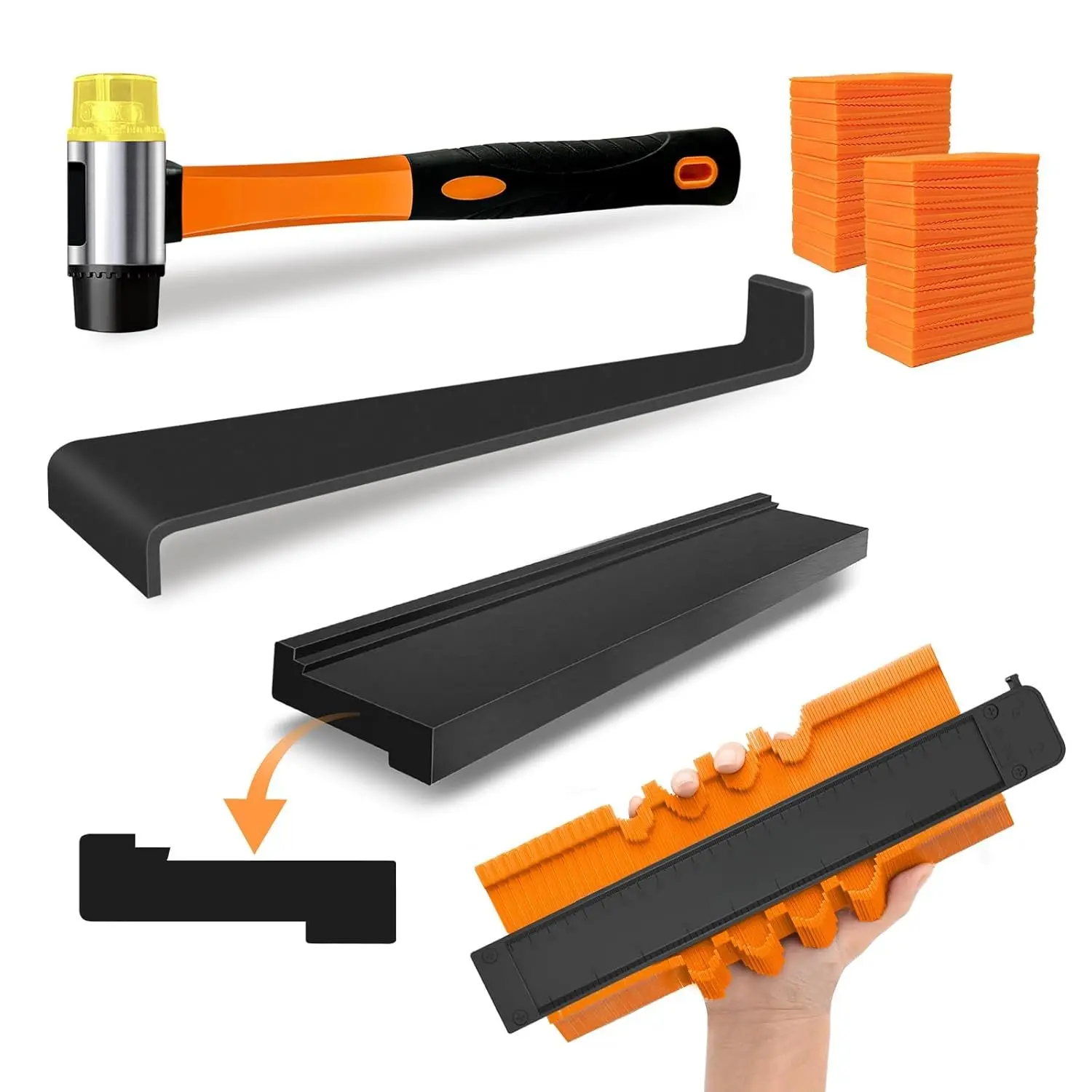 Laminate/Vinyl Flooring Tools, Tapping Block for Vinyl Plank Flooring-Double Sided with Notches,10In Contour Gauge, Pull Bar, 40 count Floor Spacers,Rubber Mallet. Universal Floor Installation kit