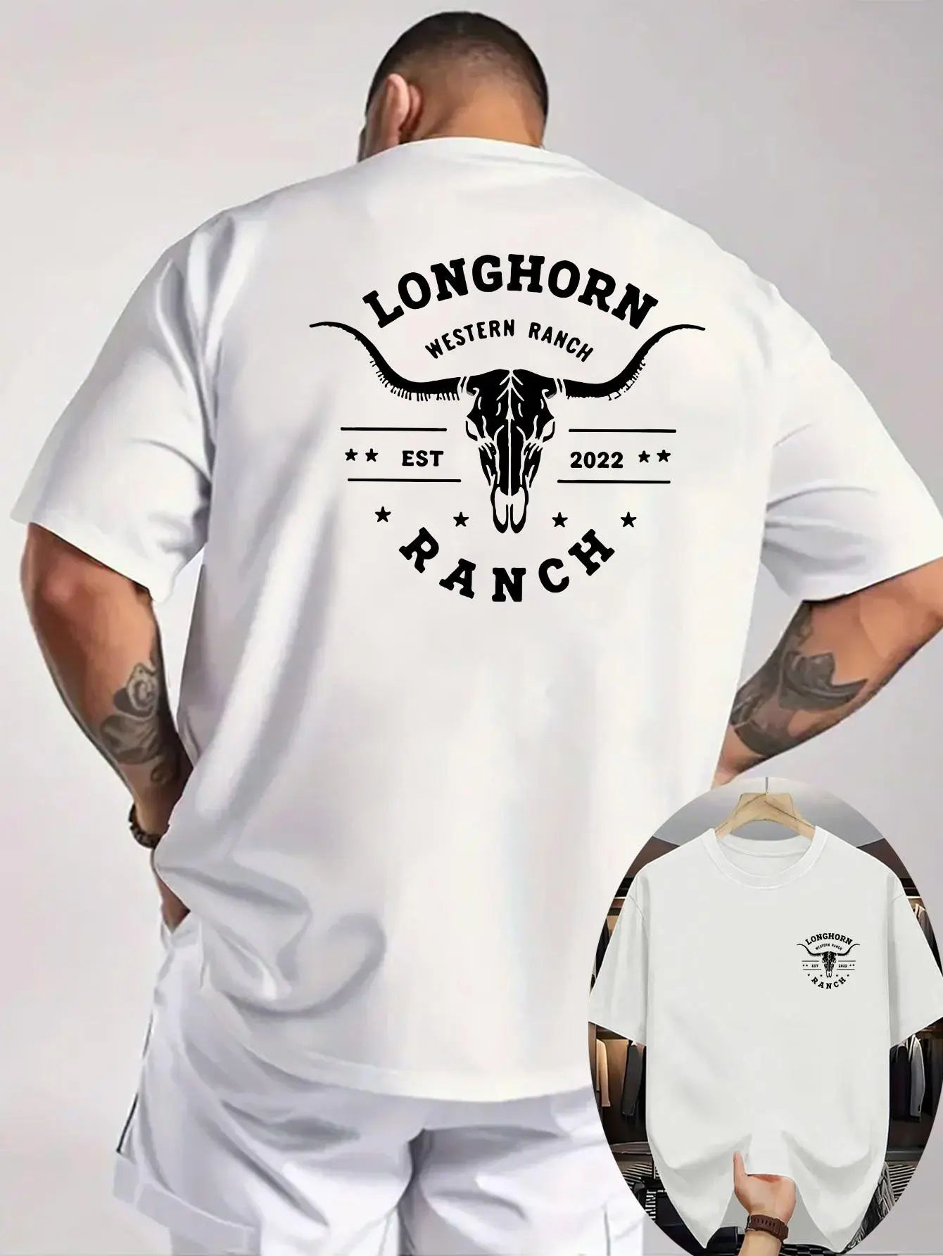 Men'S Plus-Size Western-Style T-Shirt - Featuring Longhorn And Bull Skull Prints, Texas Ranch Design. Crafted from Breathable Knit Fabric, This Double-Sided Short-Sleeve Shirt Is Ideal for Summer Outdoor Activities, Plus Size