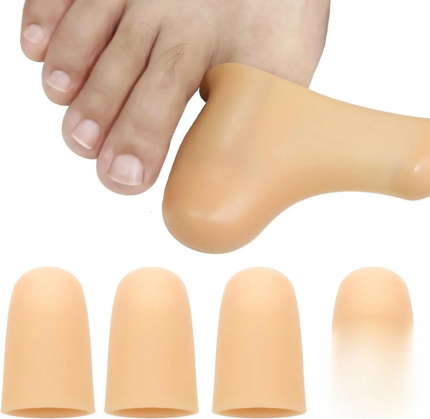 4 Pack Gel Toe Cap and Protector for Big Toe - Large Beige Cushions Protects Women Men Relief Missing Ingrown Toenails Corns Blisters Hammer Toes