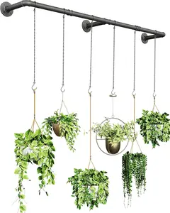 Hanger Indoor, Hanging Planters Rod for Indoor  with 6 Hanging Chains, Wall  Hanging Rod for Window Ceiling, 65.7 Inch, Metal/Black, Pots Not Included