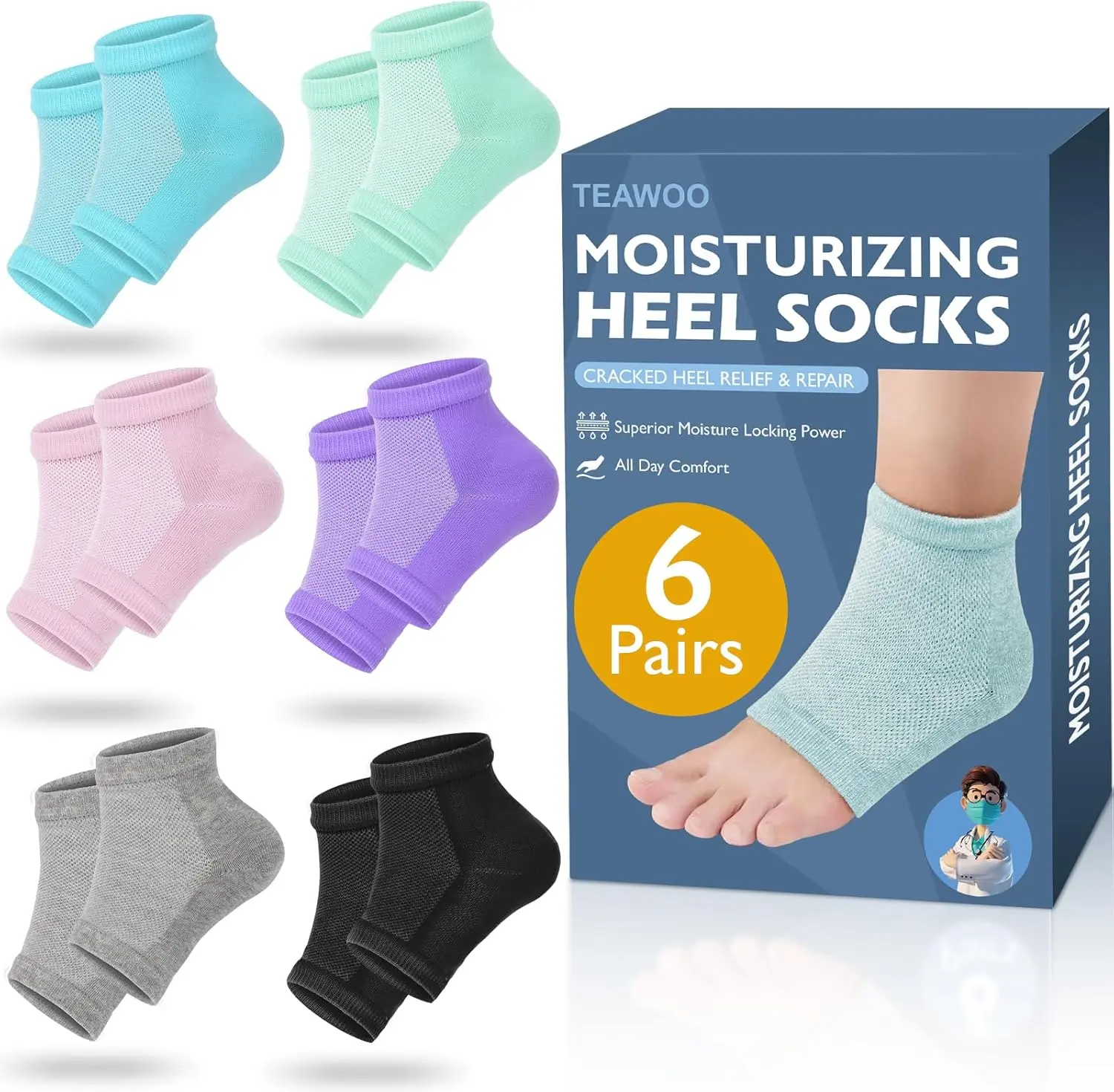 Moisturizing Heel Socks - 6 Pairs for Dry Cracked Feet, Toeless Gel Socks for Hydration and Repair Hydrating Moisturize