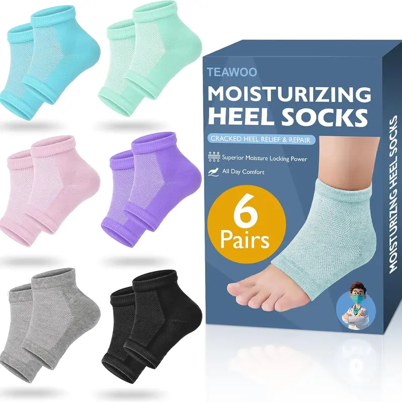 Men's Cotton Blend Ankle Toeless Gel Heel Socks - 6 Pairs with Moisturizer for Daily Dry Cracked Heels Care, Hydrate Skin, Intensive Foot Treatment
