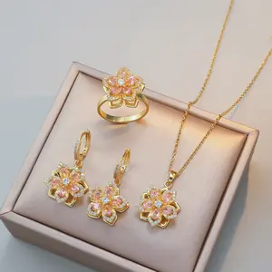 4PCS Pink Jewelry Set Necklace for Women Zircon Flower New Design Pendant Elegant Necklace Ring Earrings Gift for Friends