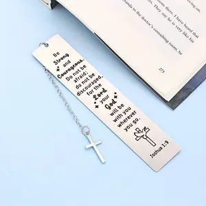 Stainless Steel Bookmark with Laser Engraved Joshua 1:9 Bible Verse & Cross Charm, Inspirational Religious Gift for Graduation, Christmas, Book Accessories