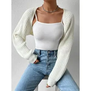 Women's Solid Raglan Sleeve Open Front Crop Shrug Cardigan, Casual Long Sleeve Knitwear for Spring & Fall, Fashion Women's Knit Clothing for Daily Wear