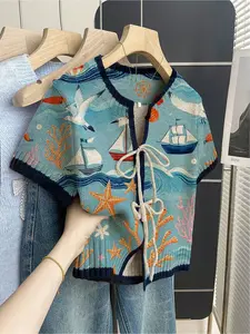 Bohemian casual vacation style loose round neck contrast patchwork seaside print short sleeve knit top, front tie design, contrast piping, khaki, women's Lady spring summer casual top