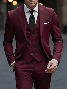 Men'S 3pcs Suit Set - Formal Business Attire, Formal Wear with Slim Fit, Long Sleeve, Non-Stretch Fabric, Solid Color, Lapel Collar, Fake Buttons, Perfect for Work, Wedding, And Holiday Gifts, Wedding Attire | Slim Fit Suit | Nonstretch Fabric