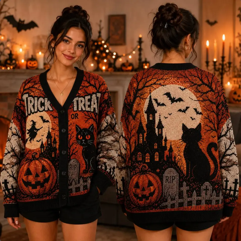 Halloween Trick Or Treat Cardigan, Cute Halloween Knit Sweater, Cozy Fall Button Up Cardigan, Spooky Autumn Gift for Women, Halloween Gift