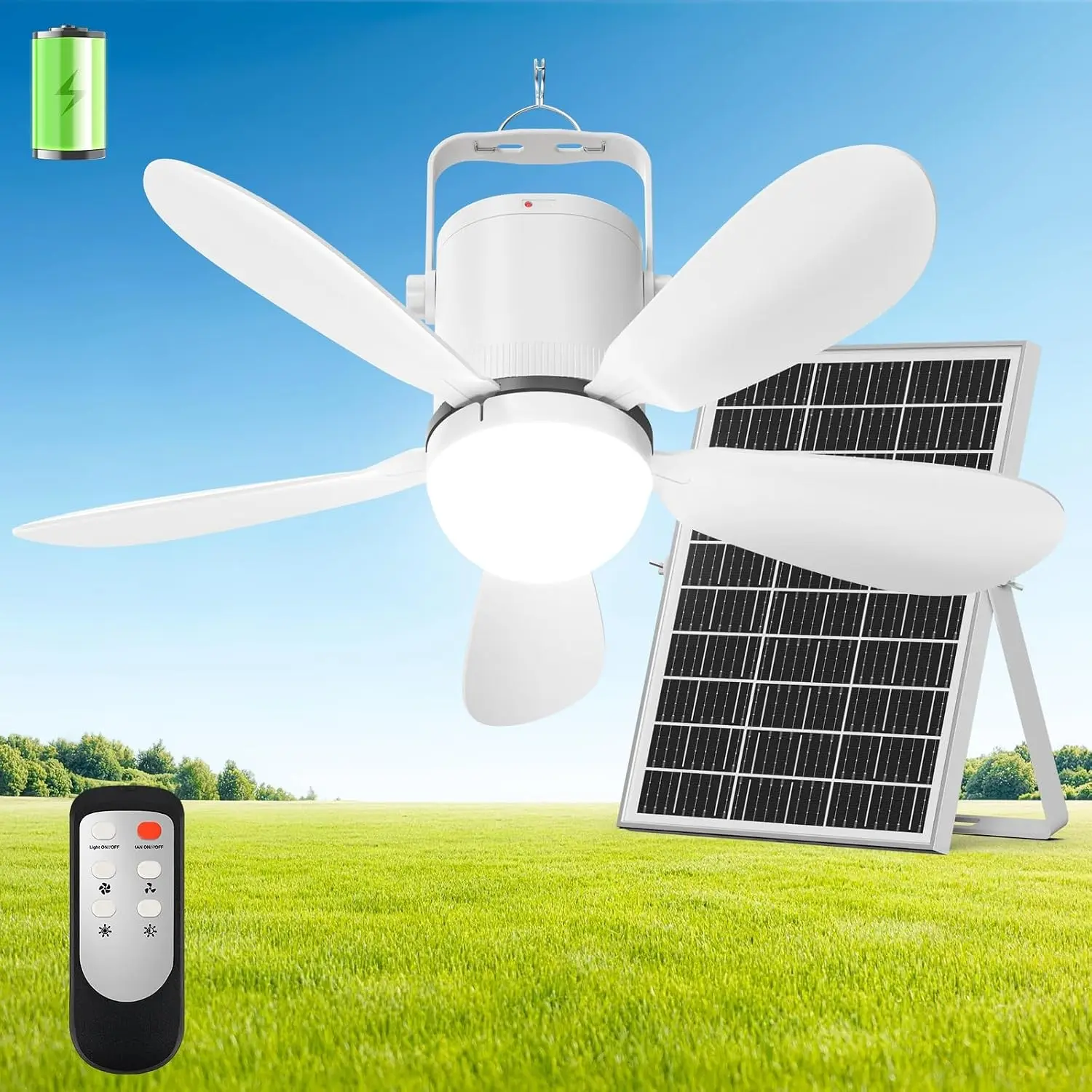 21" Solar Ceiling Fan Light, 35W Solar Powered Gazebo Fan with Remote Control, Rechargeable Battery Operated Portable Camping Fan for Tent Patio Greenhouse Porch Canopy Pergola