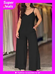 Women's Romper with Adjustable Thin Straps, V-Neck Loose Fit Wide Leg Pants, Includes Pockets, Comfortable and Stylish, Basic