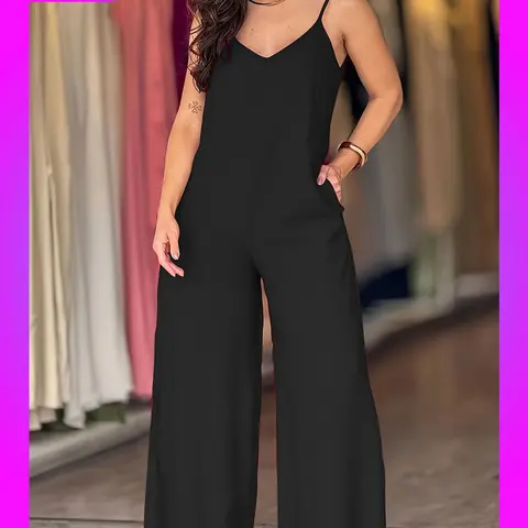 Women's Casual Summer with Adjustable Spaghetti Straps, Sleeveless, V-Neck Loose Fit Wide Leg Pants, Includes Pockets, Minimalist, Basic, Comfortable and Stylish, Fashionable Jumpsuit