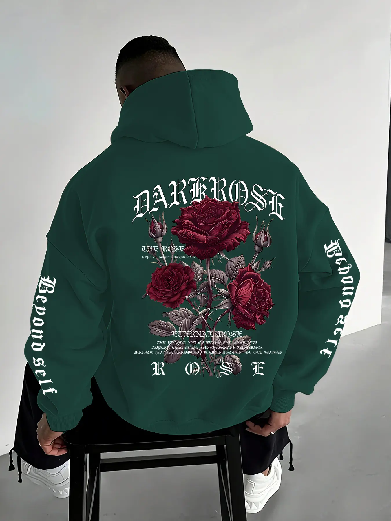 Men's Casual Loose Fit Hooded Sweatshirt with Letter Rose Print, Thick Fabric, Fall & Winter Wear, Outdoor Activities, Floral Print Hoodie