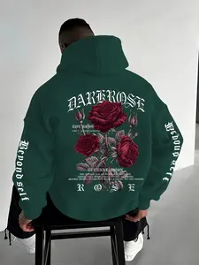 Men's Casual Loose Hooded Sweatshirt with Letter Rose Print, Thick Fabric, Fall & Winter Wear, Outdoor Activities, Floral Print Hoodie