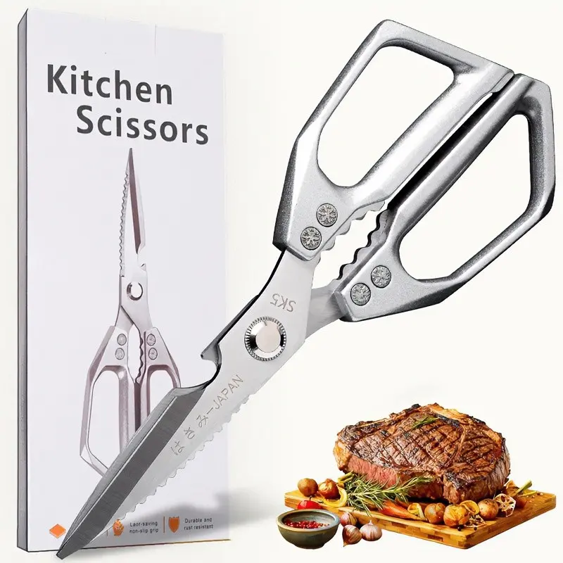 Kitchen Shears with Slip Handle & Safety Lock，Professional Heavy Duty Kitchen Scissors，Meat Cutting, Turkey, Fish, Vegetables, Dishwasher Safe， Multifunctional Stainless Steel Kitchen Scissors, Durable Home Kitchen Tool, Kitchenware.