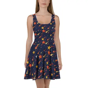Friday Night Fly Ball Women's Navy Orange Star Print Sleeveless Skater Dress - Casual Lightweight Elastic Fit Twirl-Ready Space City Spirit