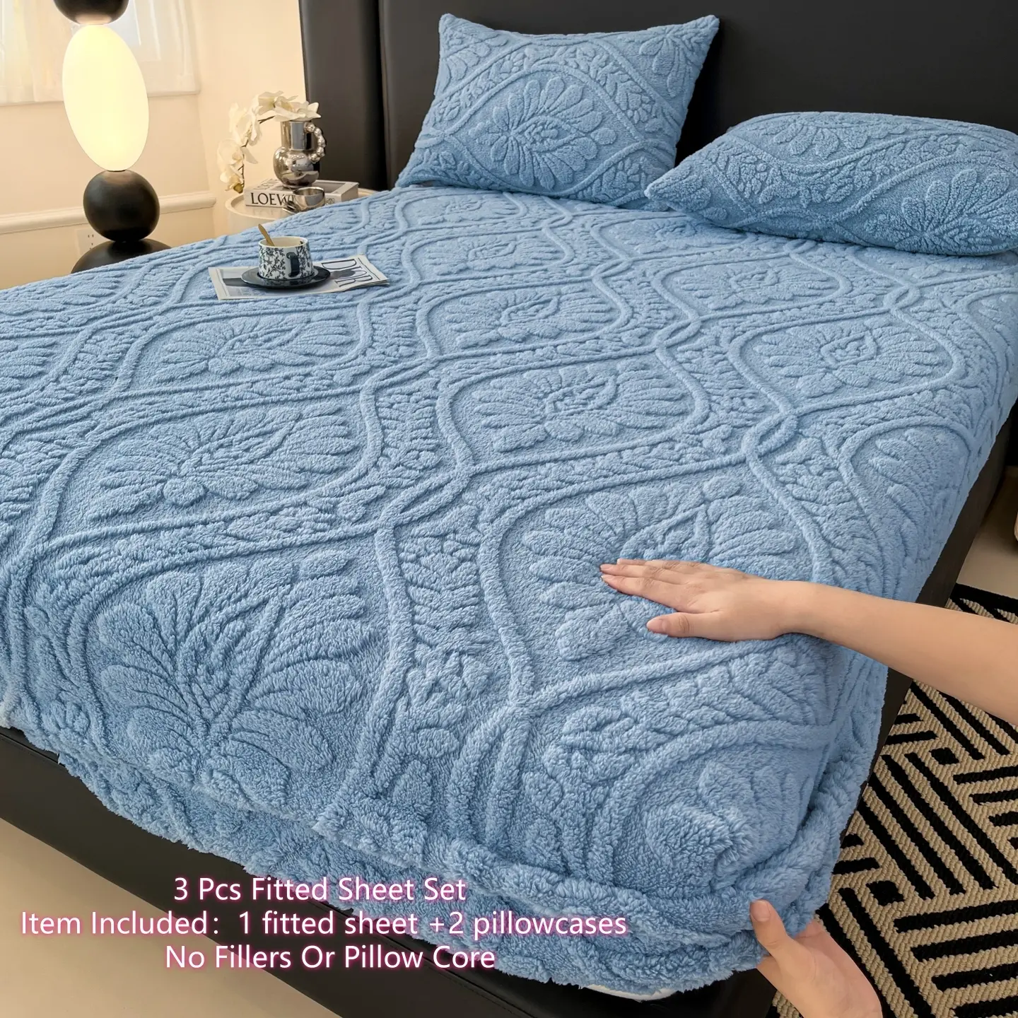 Plush Fur Fitted Sheet - Ultra Soft & Thick Plush Fur - All Season Cozy Warmth - Bed Sheets Set - 10" Deep Pocket Fitted Sheet And 2 Pillowcases (Blue Fog)
