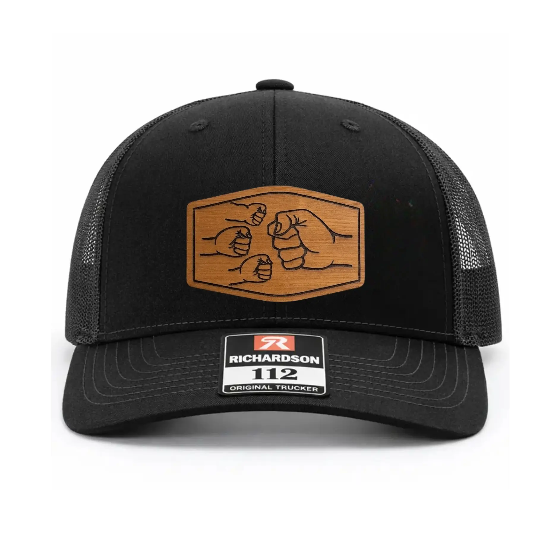 3 Fist, Fist bump. Richardson 112 Hat, Dad & Kids Fist Bump Trucker Hat - Father's Day Gift for Dad - Proud Dad Leather Patch Mesh Snapback Cap - Family Man Baseball Hat - Dad Life Outdoor Casual Headwear