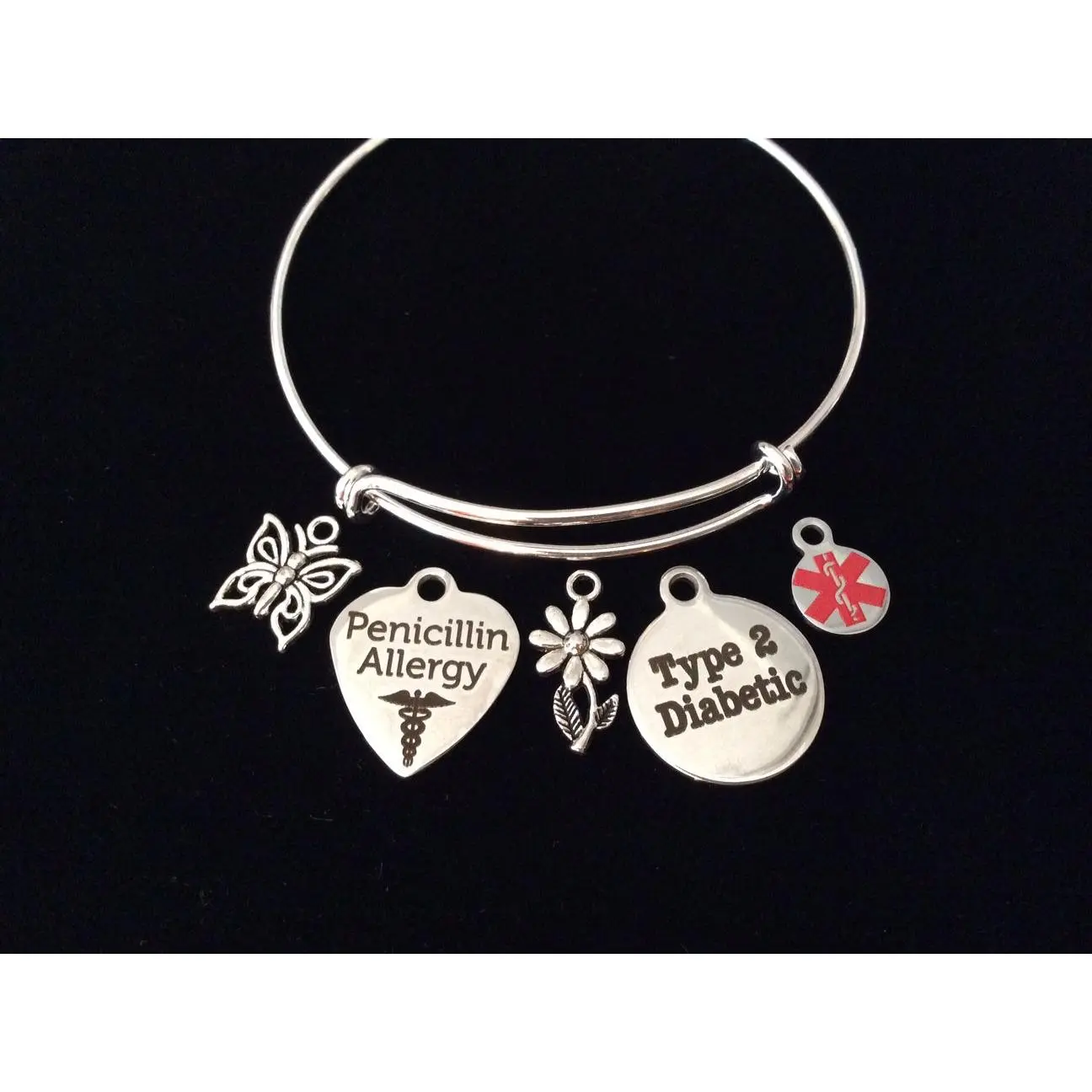 Medical Bracelet Penicillin Type 2 Diabetic Silver Expandable Charm Bracelet Diabetes Adjustable Bangle Medical Alert Jewelry Gift