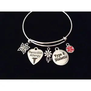Medical Bracelet Penicillin Type 2 Diabetic Silver Expandable Charm Bracelet Diabetes Adjustable Bangle Medical Alert Jewelry Gift