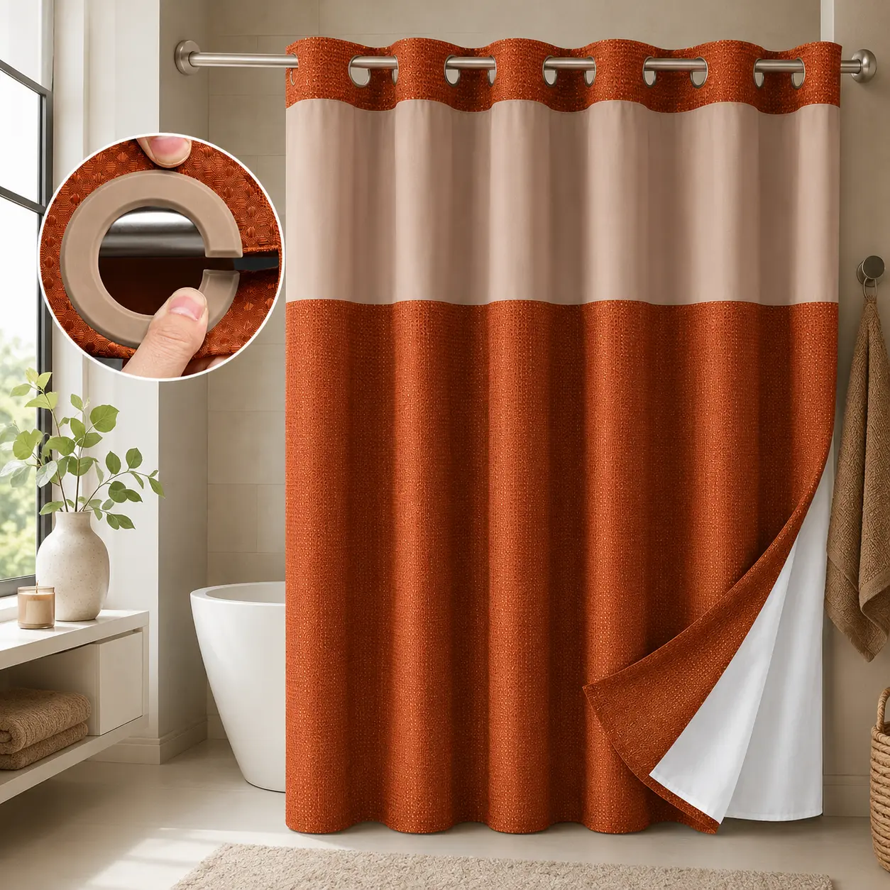 Brown Hookless Waffle Fabric Shower Curtain, 72x75 Inch, Mesh Top Window, Waterproof & Washable, Easy Installation, Modern Hotel-Style Bathroom Decor