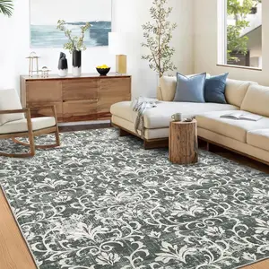 GARVEE Washable Rug 5x7 Area Rug for Living Room Damask Floral Entryway Rug Non Slip Throw Rugs Oriental Bedroom Rugs Low Pile Soft Stain Resistant Carpet for Dining Room Nursery 5'x7' Greenish Grey