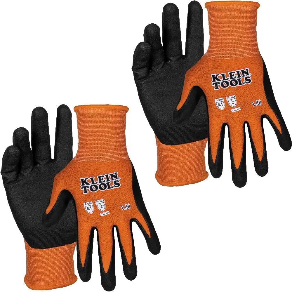 Klein Tools 60581 Work Gloves, Knit Dipped Cut Resistant ANSI A1 Nitrile Coated Gloves, Nylon-Spandex, Touchscreen Capable, Large, 2-Pair