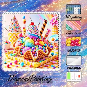 DIY 5D Flocking Fabric Diamond Painting Craft Kit, AB Diamonds, Fairy Dust Diamonds, Crystal Diamonds, Ice Cream, Candy, Waffle Cone Diamond Embroidery, Special Technique Diamond Art Kit, Wall Decor, Gift for Family, Loved Ones, and Friends