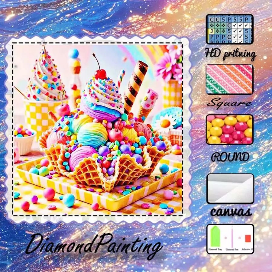 DIY 5D Flocking Fabric Diamond Painting Craft Kit, Diamond Painting Kits, AB Diamonds, Fairy Dust Diamonds, Ice Cream, Candy, Waffle Cone Diamond Embroidery, Diamond Art Kit, Wall Decor, Gift for Family, Loved Ones, and Friends, Handmade Gifts