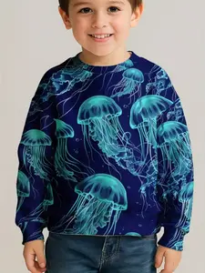Boys' Round Neck Sweater, Deep Blue Ocean Jellyfish Print, Autumn Fashion, Spring & Fall Hoodie, Dinosaur Christmas Cartoon Pullover