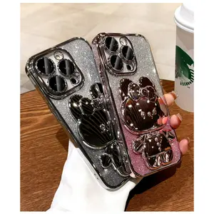 Luxury Cute Cat Electroplated Cellphone Case with Invisible Makeup Mirror Stand, Gradient Glitter Flash, Full Coverage Waterproof Protection & Screen Protector for iPhone 11-17 Pro Max Devices Accessories