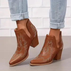 Womens Fashionable Chunky Heeled Ankle Boots - Retro Embroidery Slip-Ons with Pointed Toe and Western Flair - Trendy V-cut Short Boots for Effortless Style
